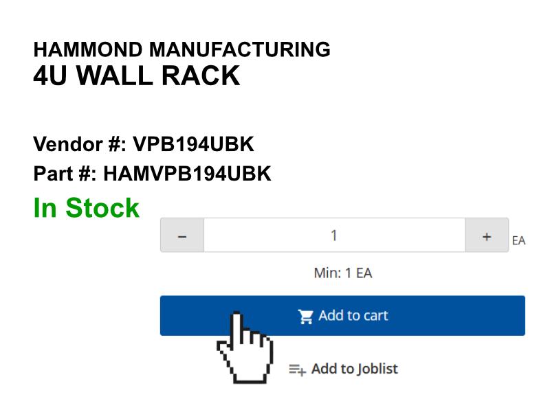 Image shows a mouse clicking on "Add to Cart" adding a Hammond product to a shopping cart.